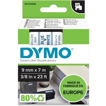 Dymo tape, 40914, 9mm x 7m Blå på hvid 