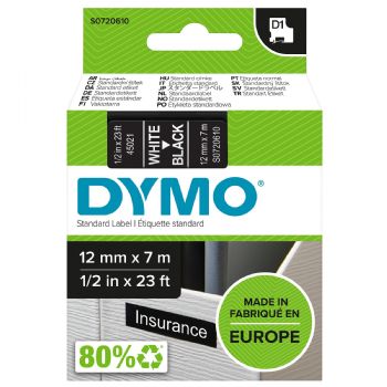 Dymo tape, 45021, 12mm x 7m Hvid på sort