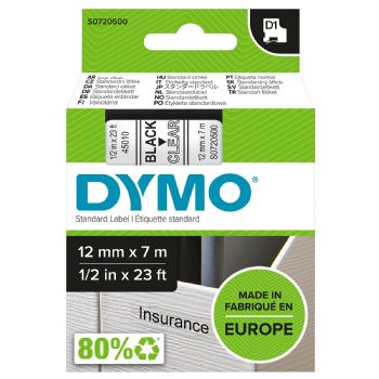 Dymo tape, 45010, 12mm x 7m Sort på transparent