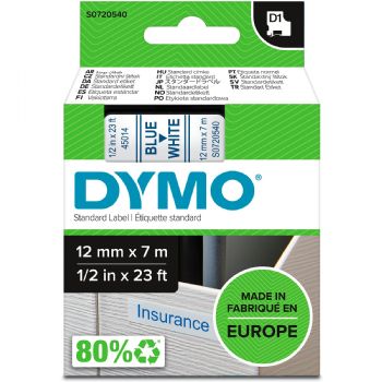 Dymo tape, 45014, 12mm x 7m Blå på hvid