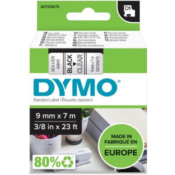 Dymo tape, 40910, 9mm x 7m Sort på transparent