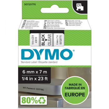 Dymo tape, 43610, 6mm x 7m Sort på transparent