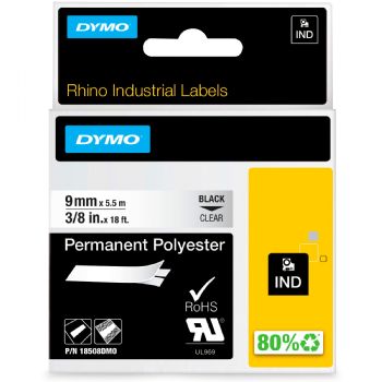 Dymo Rhino permanent polyestertape 9mm sort/klar