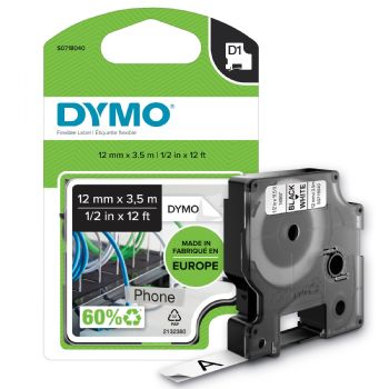 Dymo D1 Nylon tape 16957 12mm sort/hvid  permanent lim. 