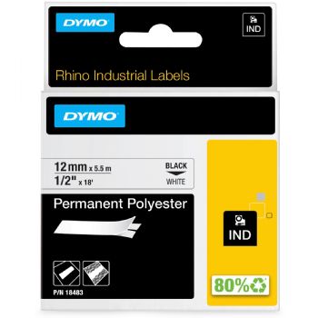 Dymo Rhino polyestertape 12mm sort/hvid