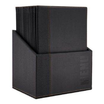 Securit kasse med 20 menukort med 4 siders A4 menu i PU læder i farven sort