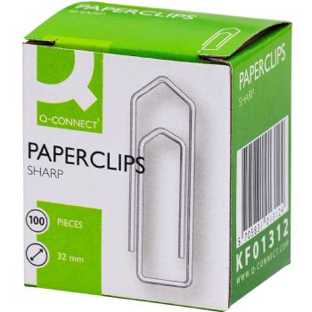 Papirclips 32 mm, Q-Connect 100 i klar plastbox