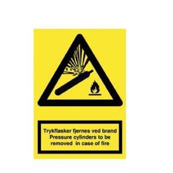 WhiteLabel Advarselsskilt A4 \'trykflasker fjernes ved brand\' + engelsk aluminium